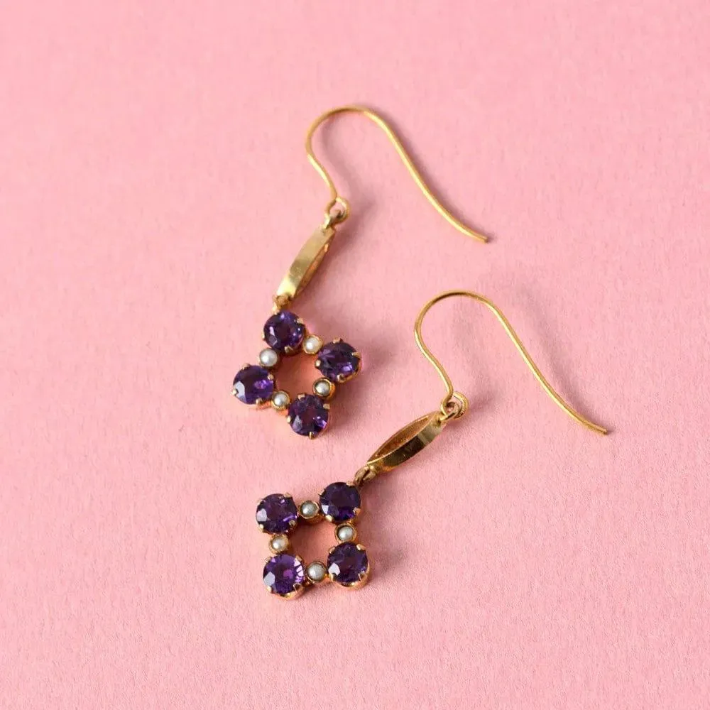 Antique Edwardian Amethyst Seed Pearl  9ct Gold Drop Earrings