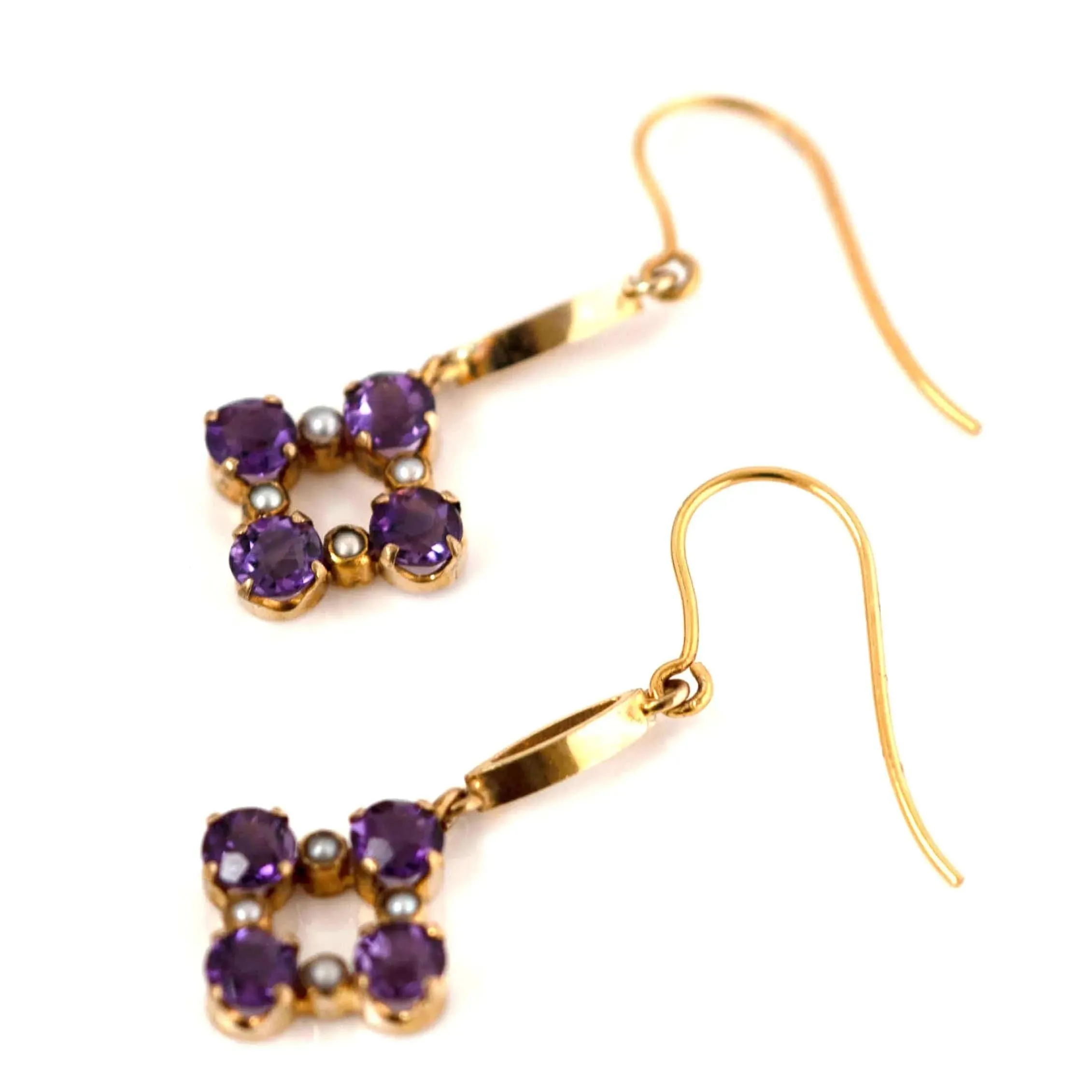 Antique Edwardian Amethyst Seed Pearl  9ct Gold Drop Earrings