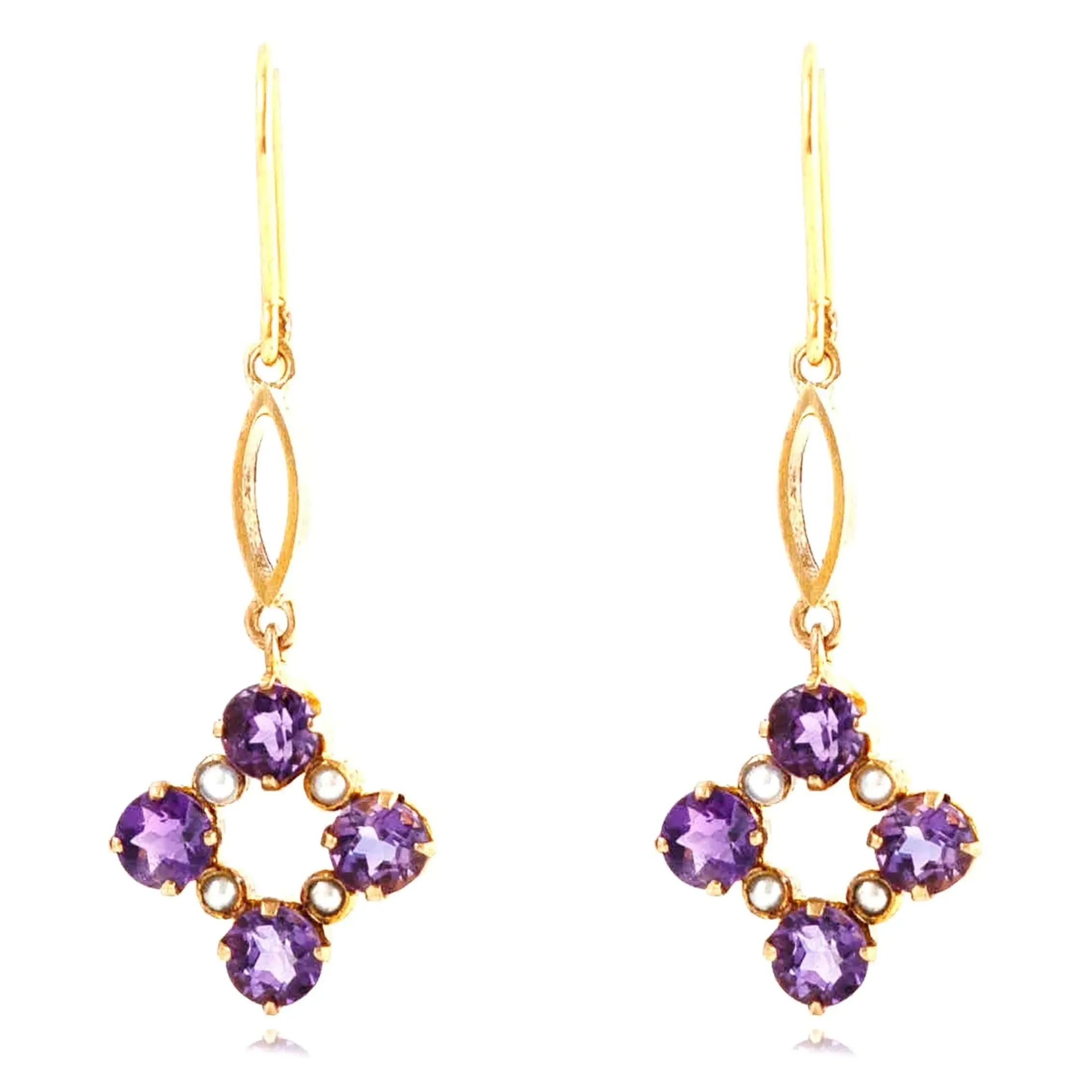 Antique Edwardian Amethyst Seed Pearl  9ct Gold Drop Earrings