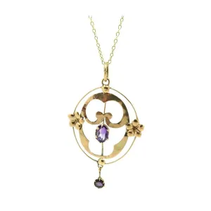 Antique Edwardian Purple Amethyst Rose Gold Lavalier Pendant Gemstone Necklace