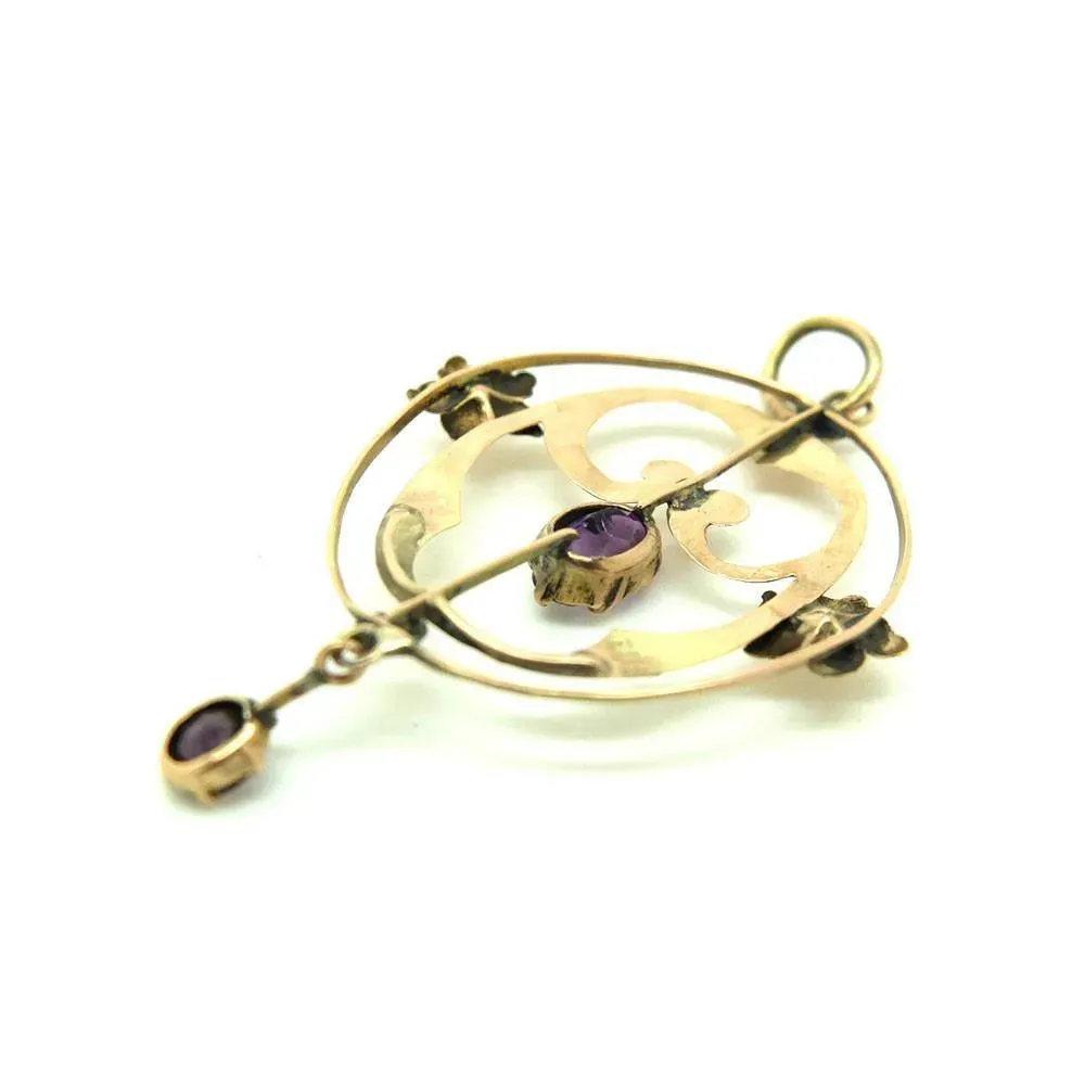 Antique Edwardian Purple Amethyst Rose Gold Lavalier Pendant Gemstone Necklace