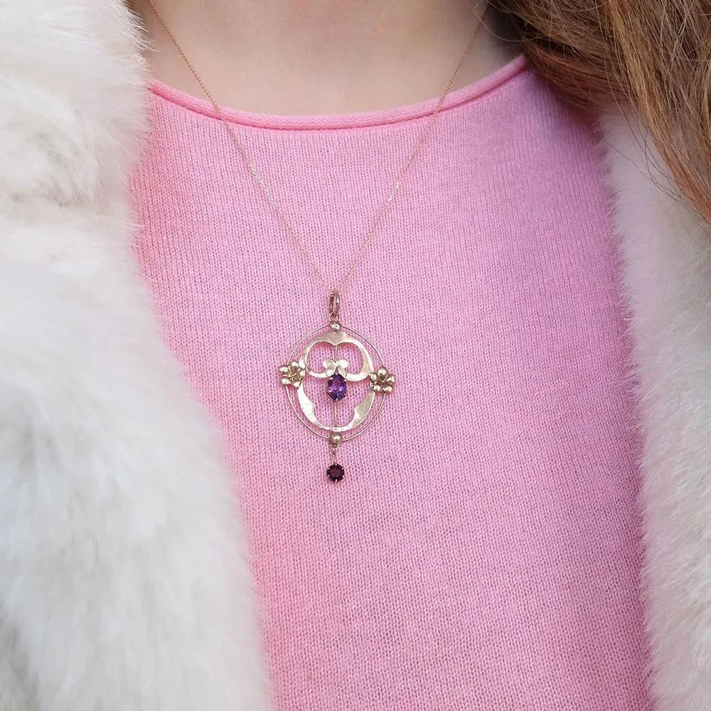 Antique Edwardian Purple Amethyst Rose Gold Lavalier Pendant Gemstone Necklace