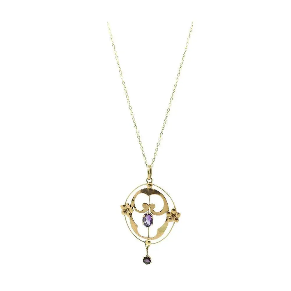 Antique Edwardian Purple Amethyst Rose Gold Lavalier Pendant Gemstone Necklace