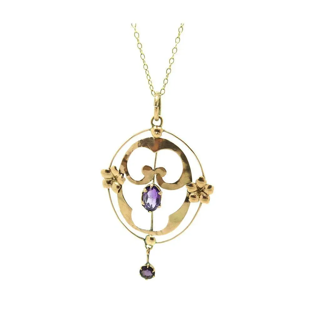 Antique Edwardian Purple Amethyst Rose Gold Lavalier Pendant Gemstone Necklace