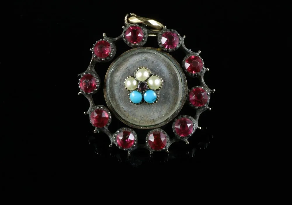 Antique Georgian Forget Me Not Morning Pendant 18Ct Gold With Locket - 1780
