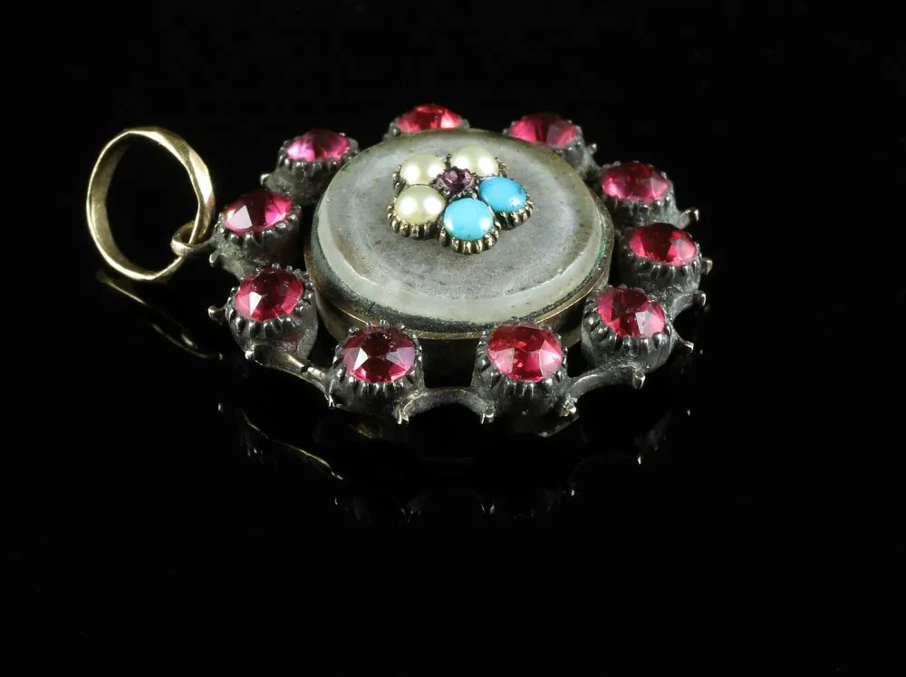 Antique Georgian Forget Me Not Morning Pendant 18Ct Gold With Locket - 1780