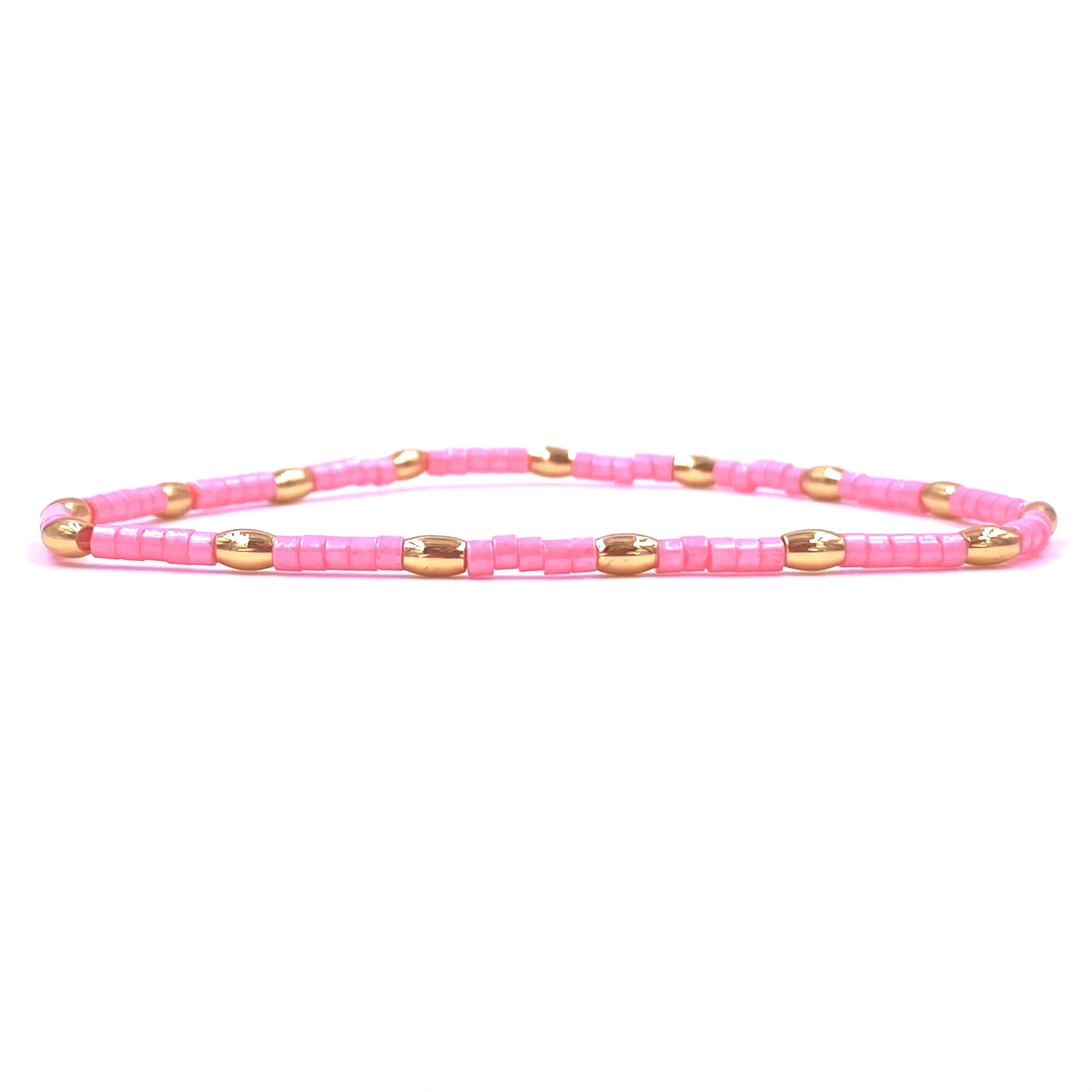 Ashley Gold Stainless Steel Gold Plated Enamel Pink Vibe Beaded Stretch Beaded Bracelet