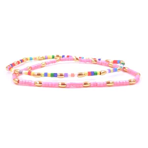 Ashley Gold Stainless Steel Gold Plated Enamel Pink Vibe Beaded Stretch Beaded Bracelet