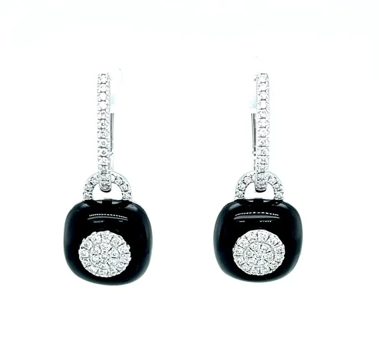 Black Onyx & Diamond, 18k White Gold Dangle Earrings