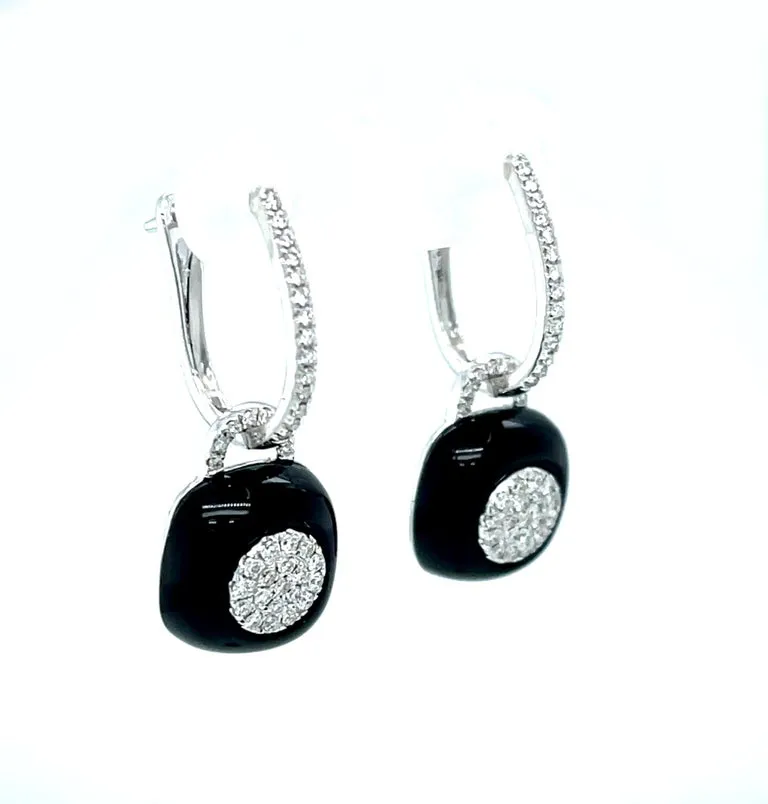 Black Onyx & Diamond, 18k White Gold Dangle Earrings