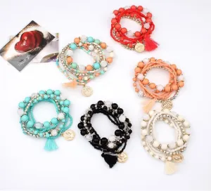 Bohemian Rice Beads And Tassel Multi-Layer Colorful Elastic Bracelet
