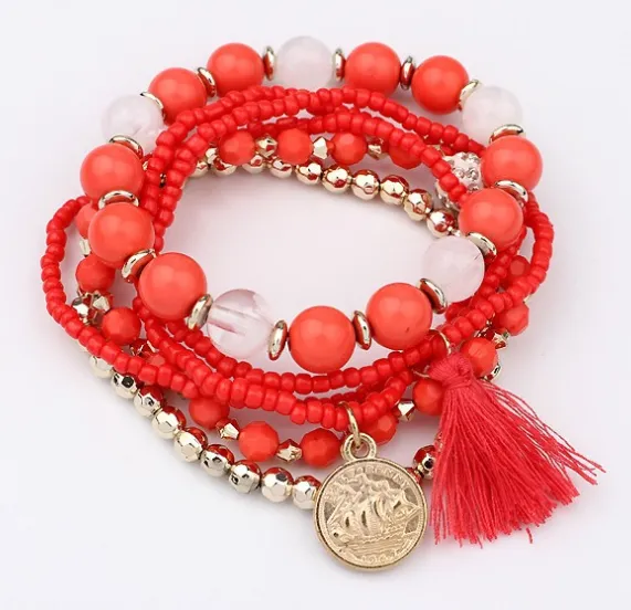 Bohemian Rice Beads And Tassel Multi-Layer Colorful Elastic Bracelet