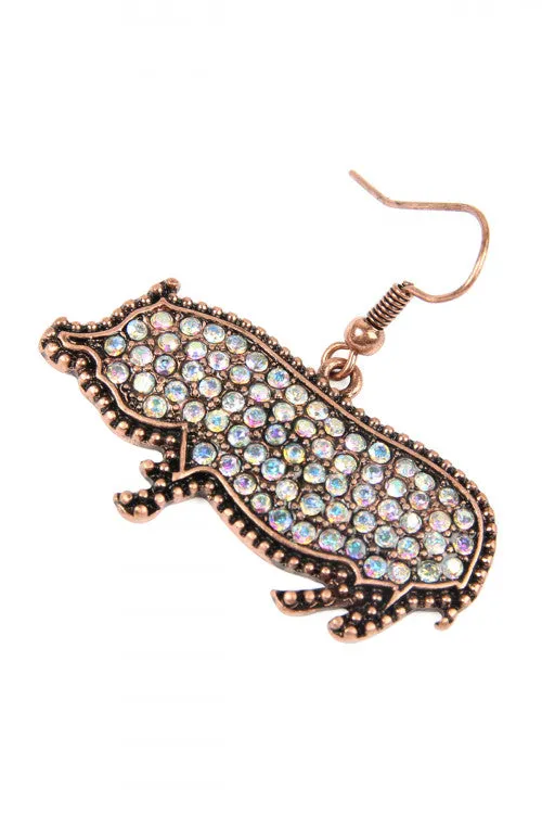 Burnish Gold Cast Metal Rhinestone Pig Earrings