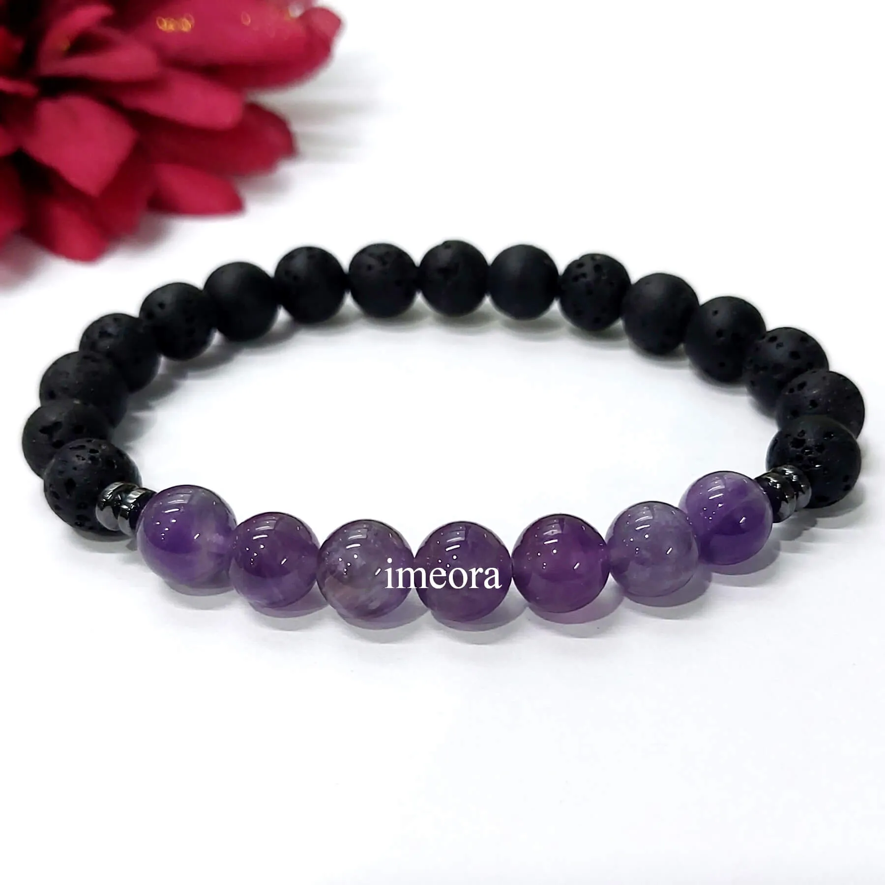 Certified Amethyst 8mm Bracelet With Lava Stone