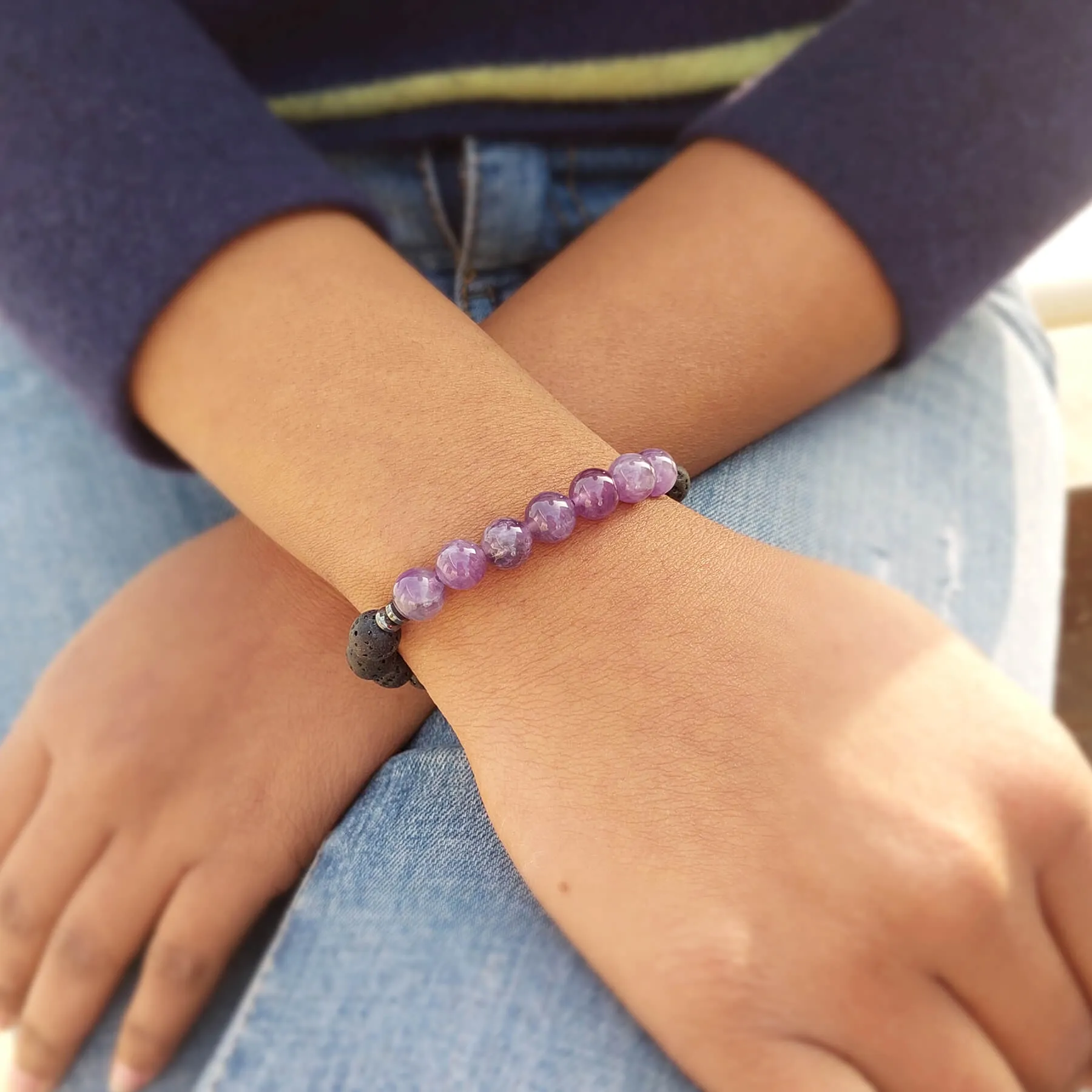 Certified Amethyst 8mm Bracelet With Lava Stone