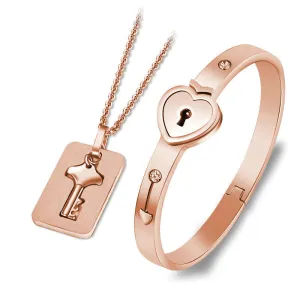 Color: Gold - Love Heart Lock Peach Heart Concentric Lock Bracelet Key Set