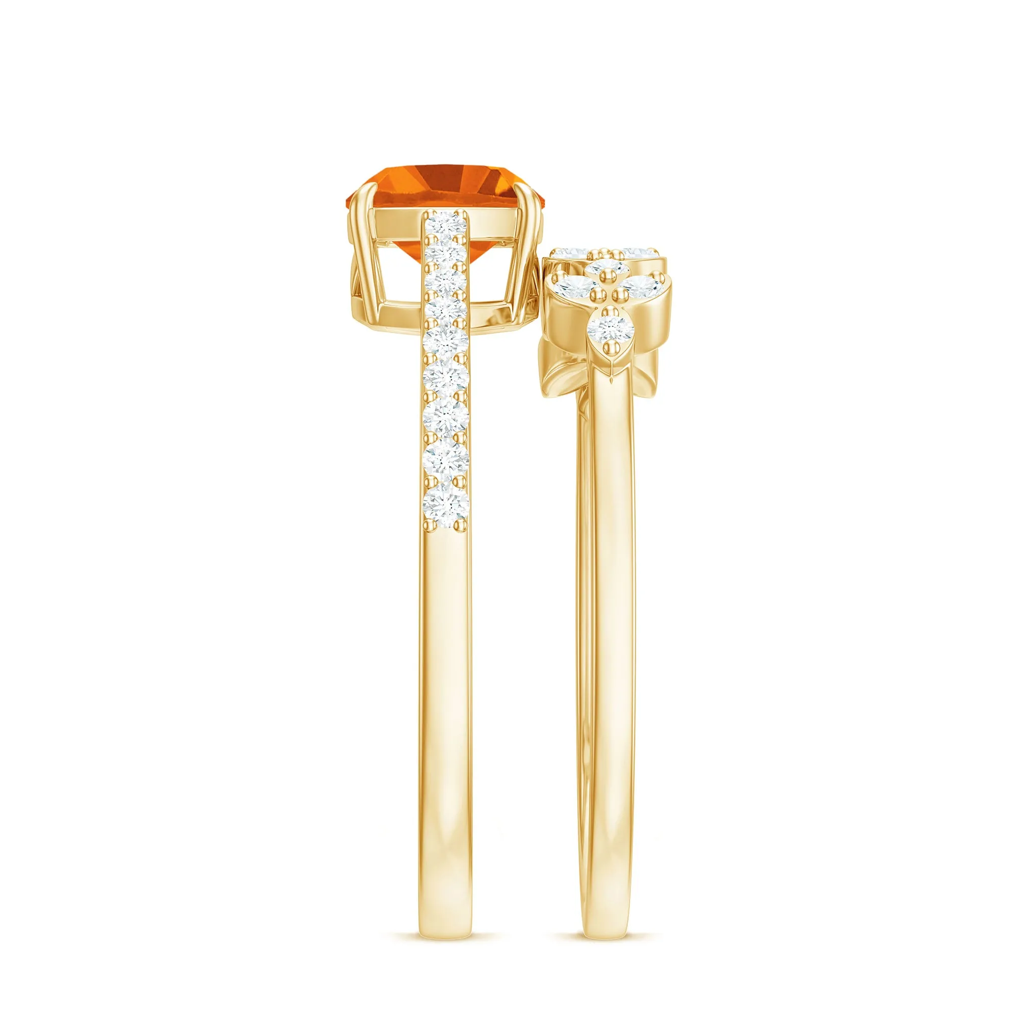 Cushion Cut Fire Opal Ring Set with Diamond Stones