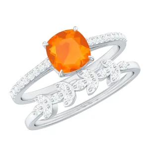 Cushion Cut Fire Opal Ring Set with Diamond Stones