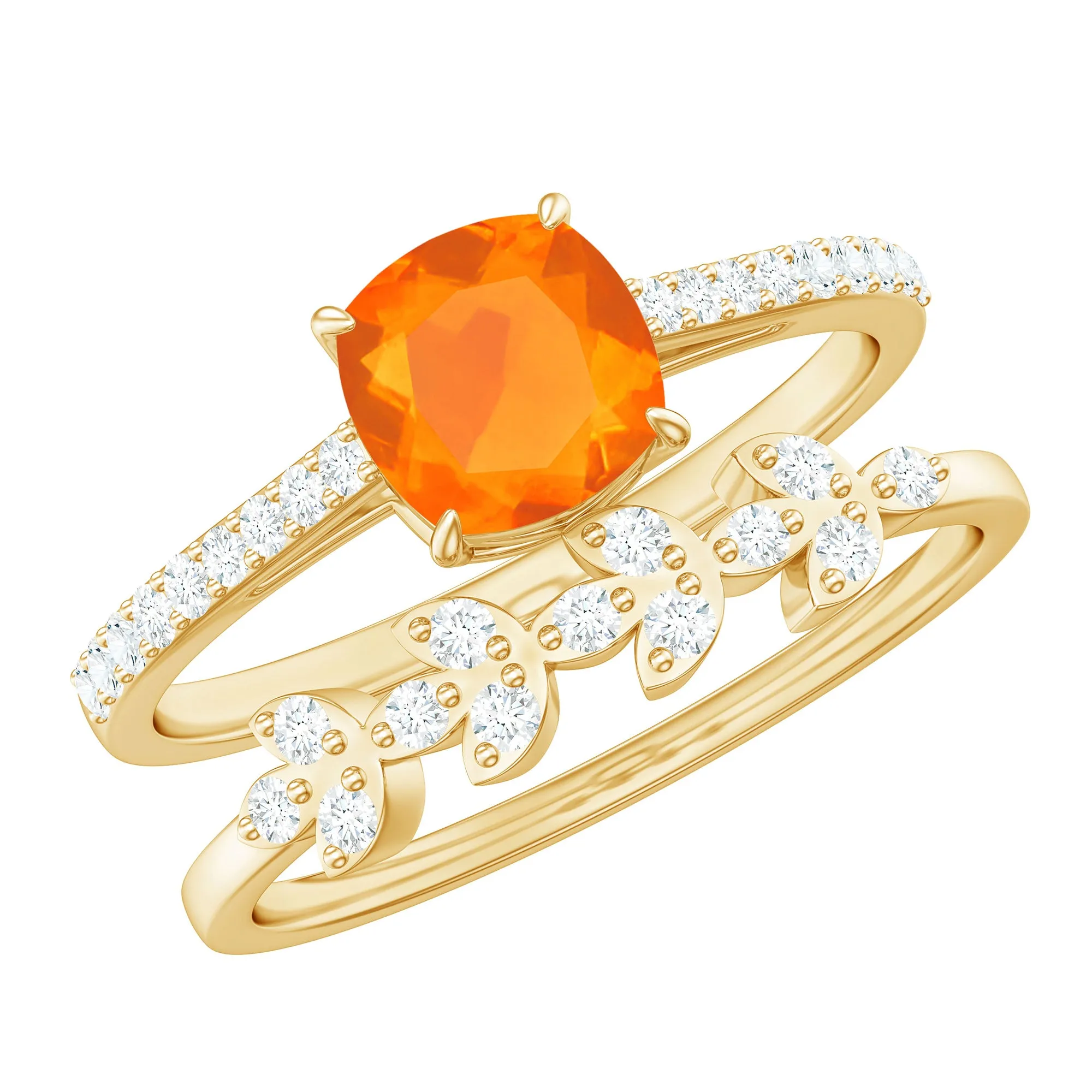 Cushion Cut Fire Opal Ring Set with Diamond Stones