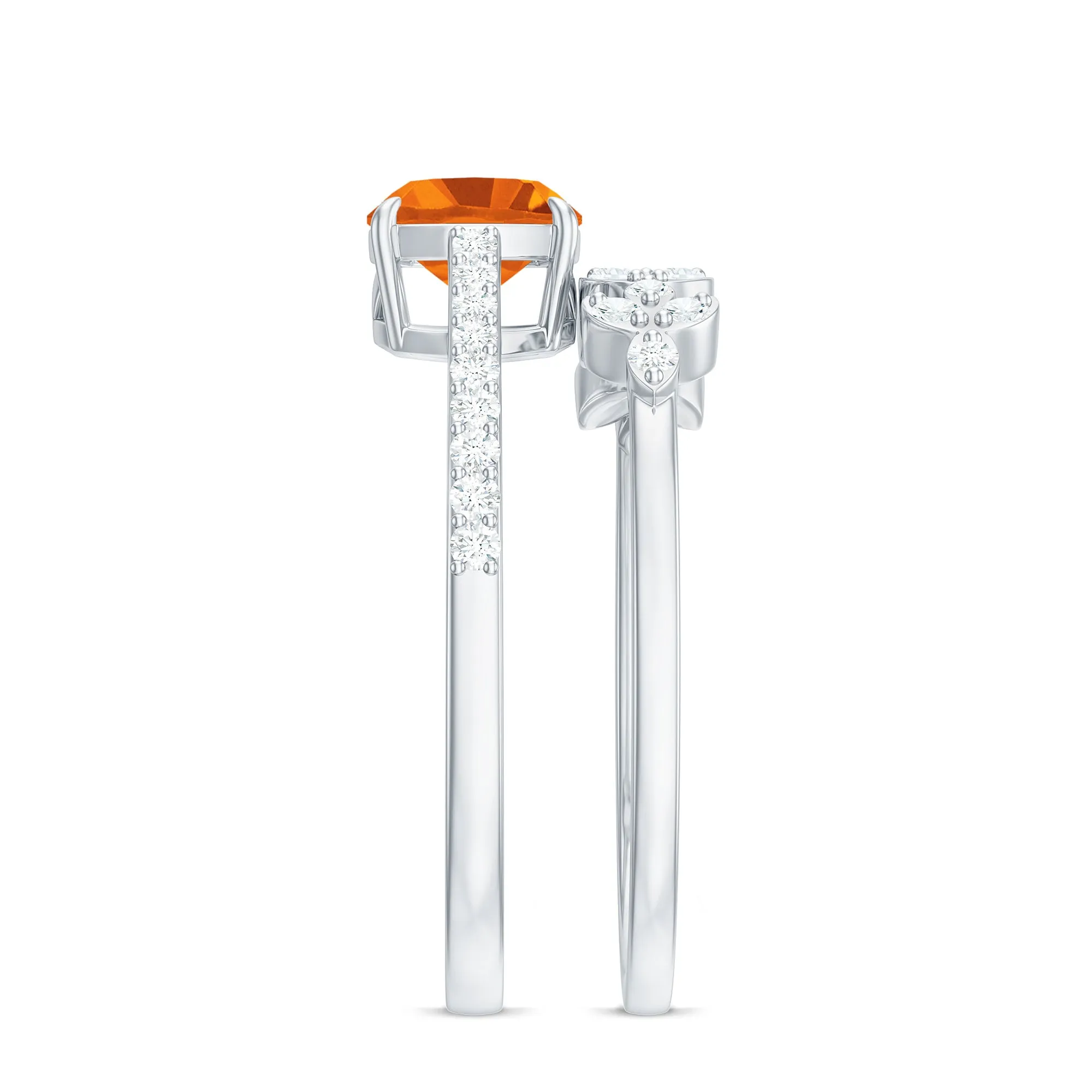 Cushion Cut Fire Opal Ring Set with Diamond Stones
