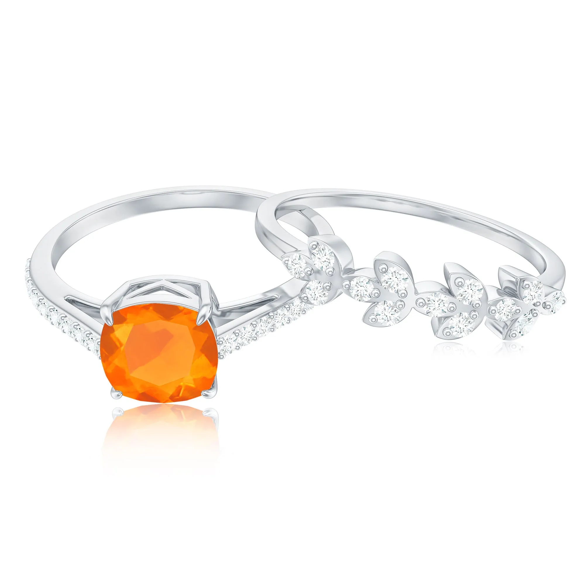 Cushion Cut Fire Opal Ring Set with Diamond Stones