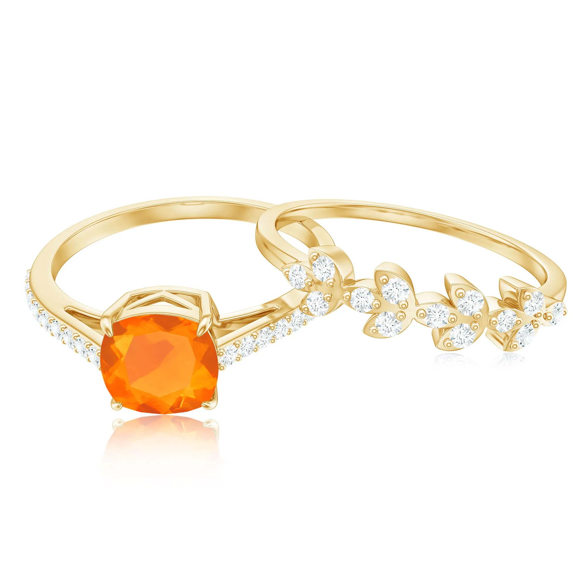 Cushion Cut Fire Opal Ring Set with Diamond Stones