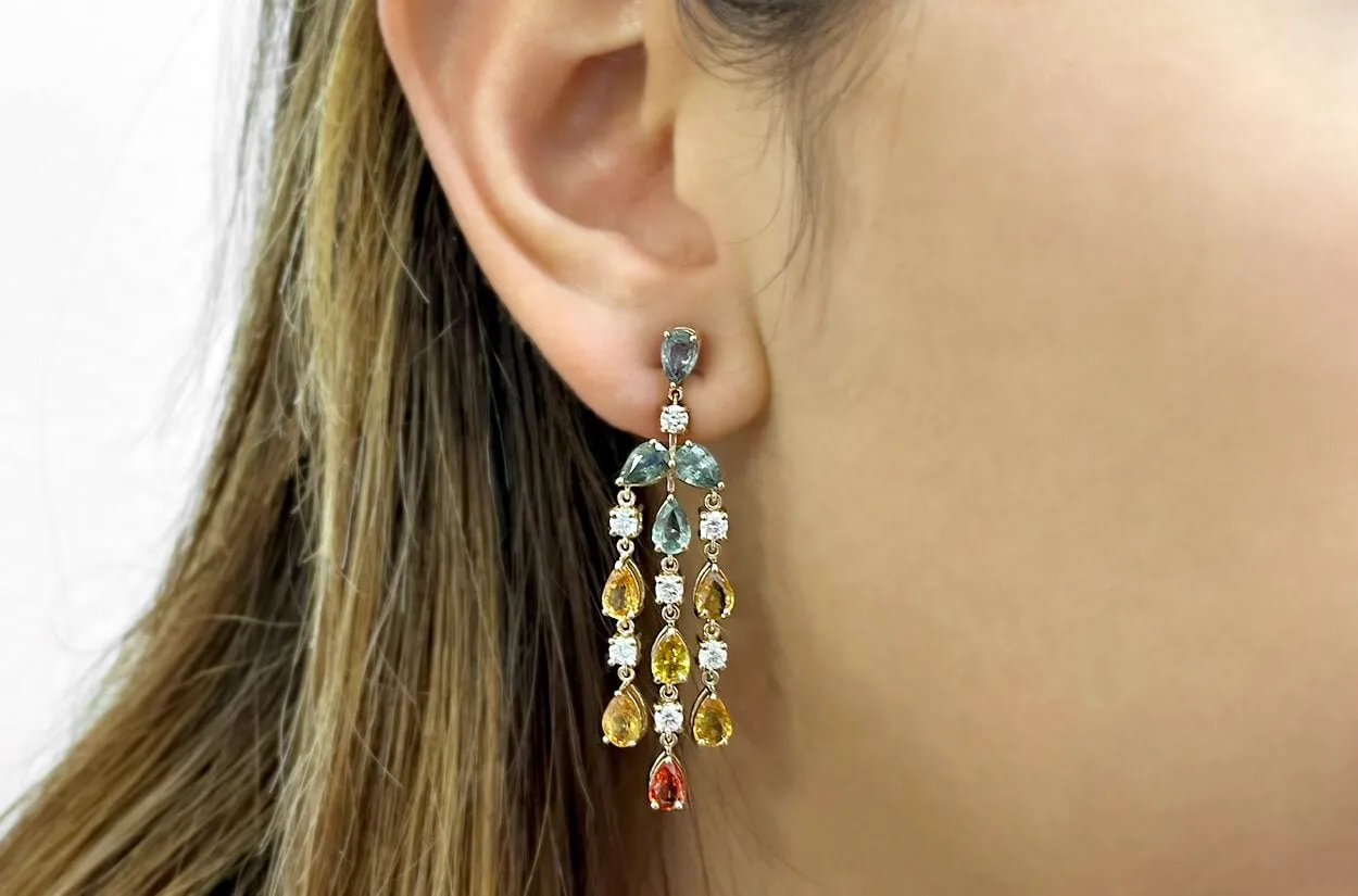 Earrings 18kt Gold Pear Sapphires & Diamonds Chandelier