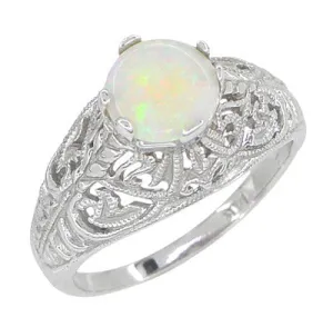 Edwardian Opal Filigree Ring in 14 Karat White Gold