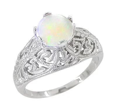 Edwardian Opal Filigree Ring in 14 Karat White Gold