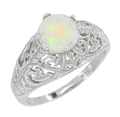 Edwardian Opal Filigree Ring in 14 Karat White Gold