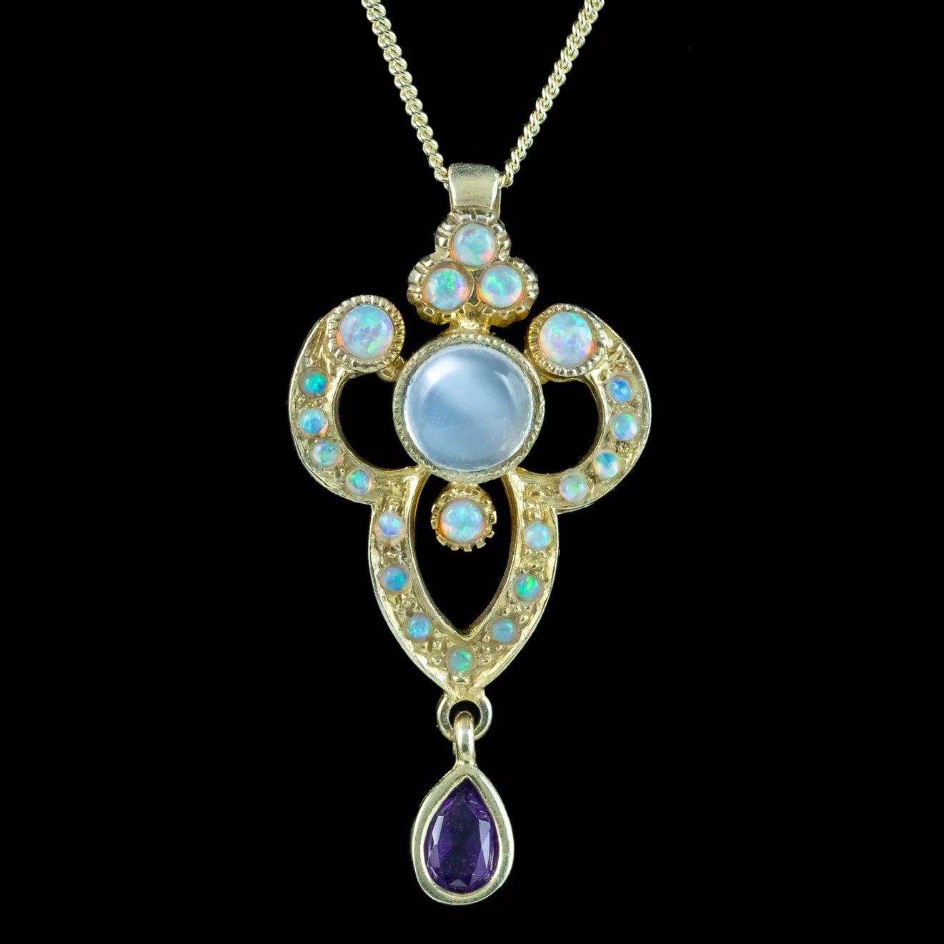 Edwardian Style Opal Moonstone Amethyst Pendant Necklace