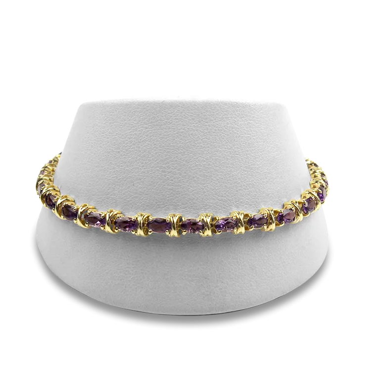 Estate 14k Yellow Gold Amethyst Link Bracelet