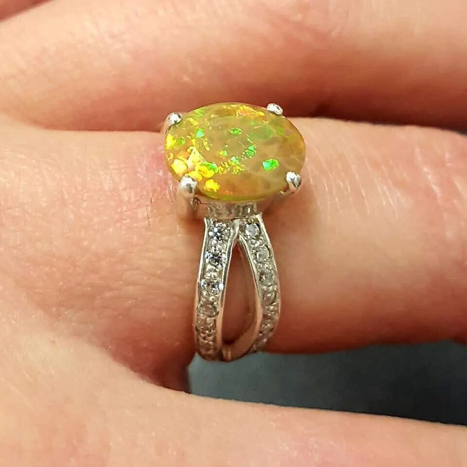 Fire Opal Ring - Yellow Oval Ring - Split Shank Ring
