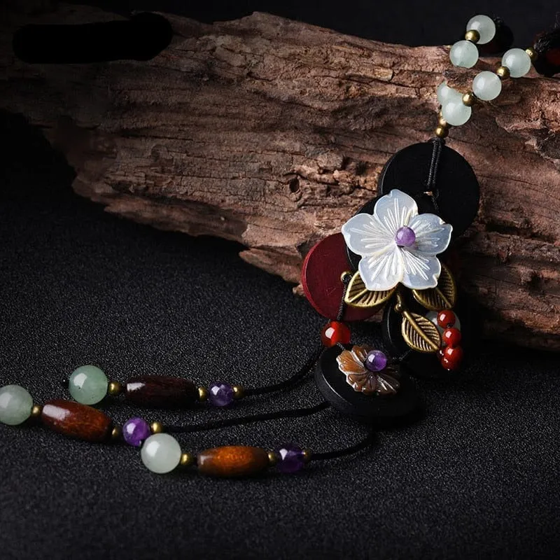 Floral Wood & Crystals Pendant Necklace