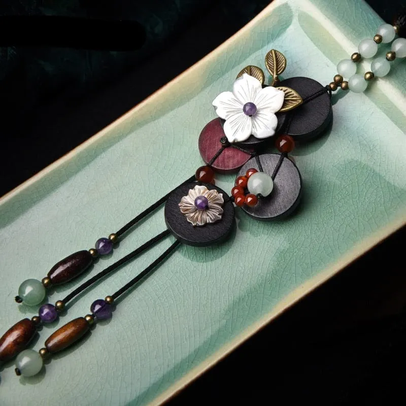 Floral Wood & Crystals Pendant Necklace