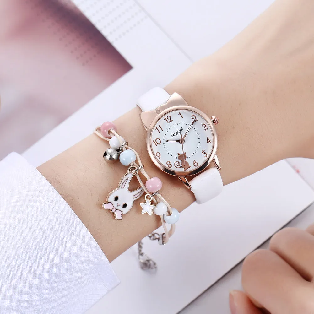 Fresh Student Girl‘s Heart Animal Dial Belt Quartz Watch Rabbit Bracelet