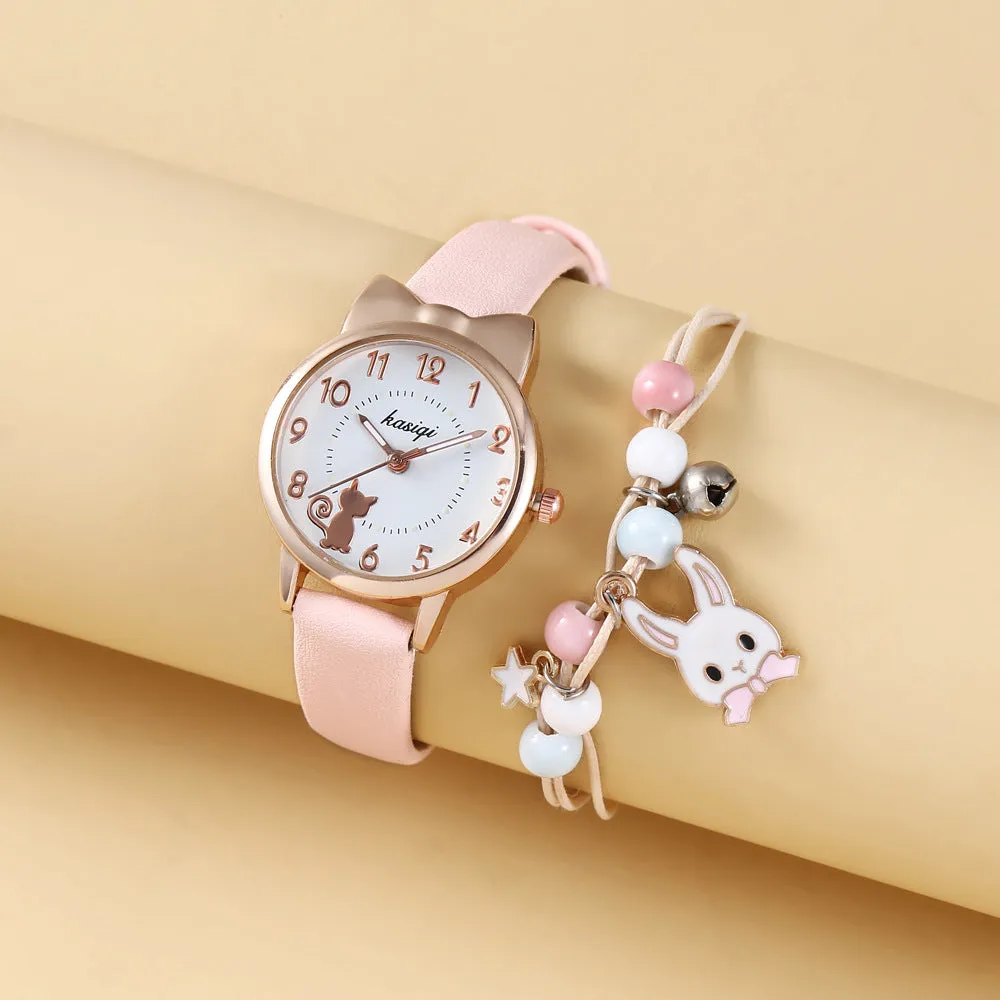 Fresh Student Girl‘s Heart Animal Dial Belt Quartz Watch Rabbit Bracelet