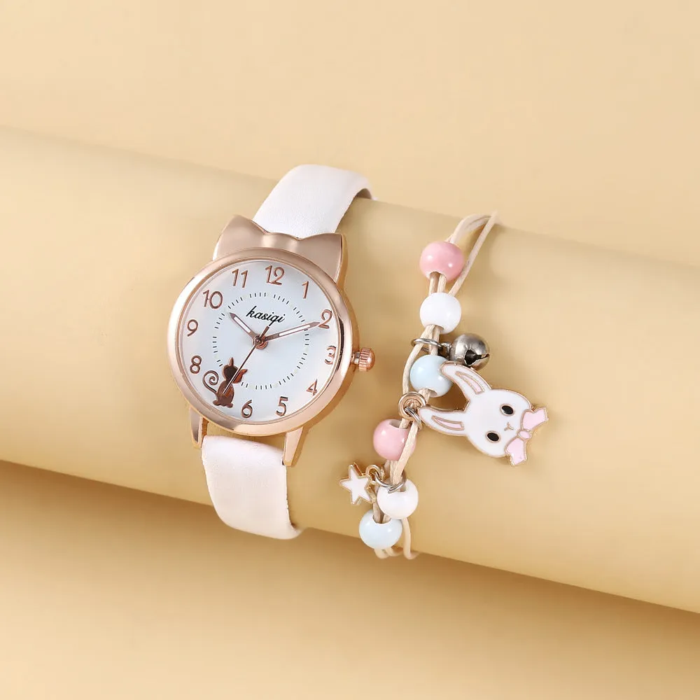 Fresh Student Girl‘s Heart Animal Dial Belt Quartz Watch Rabbit Bracelet
