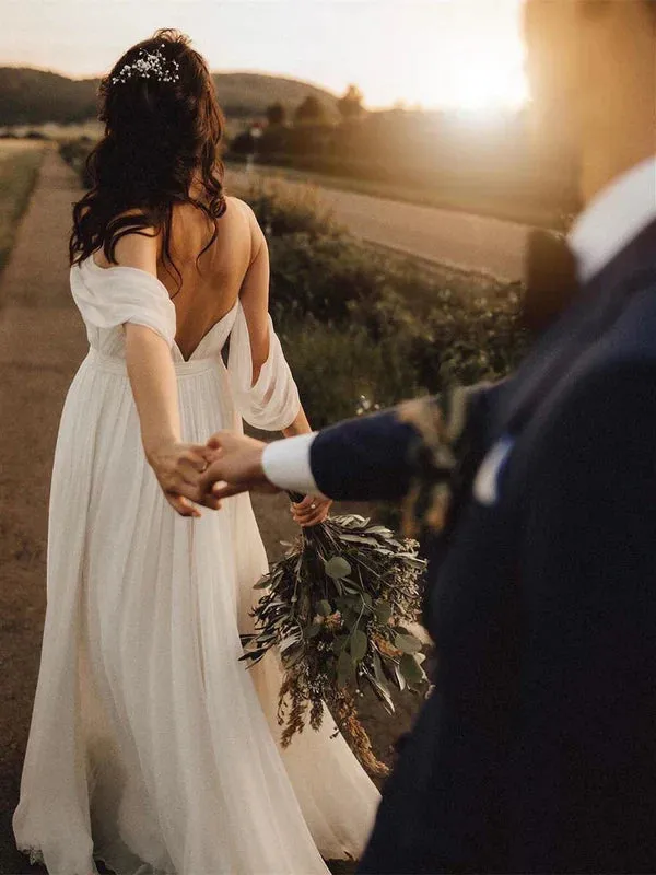 Glamorous A-line Wedding Dresses Backless Chiffon Bridal Gowns Simple Beautiful