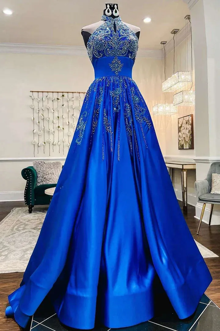 Glamorous Royal Blue Floor Length Satin Beaded Halter A-Line Prom Dress
