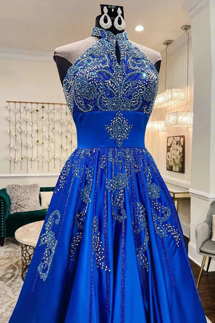 Glamorous Royal Blue Floor Length Satin Beaded Halter A-Line Prom Dress