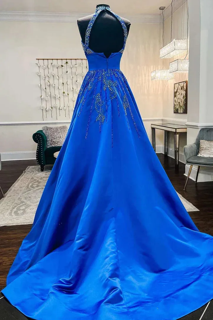 Glamorous Royal Blue Floor Length Satin Beaded Halter A-Line Prom Dress