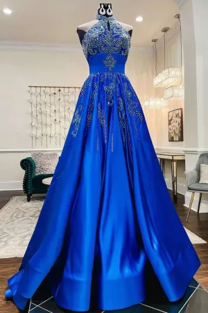 Glamorous Royal Blue Floor Length Satin Beaded Halter A-Line Prom Dress