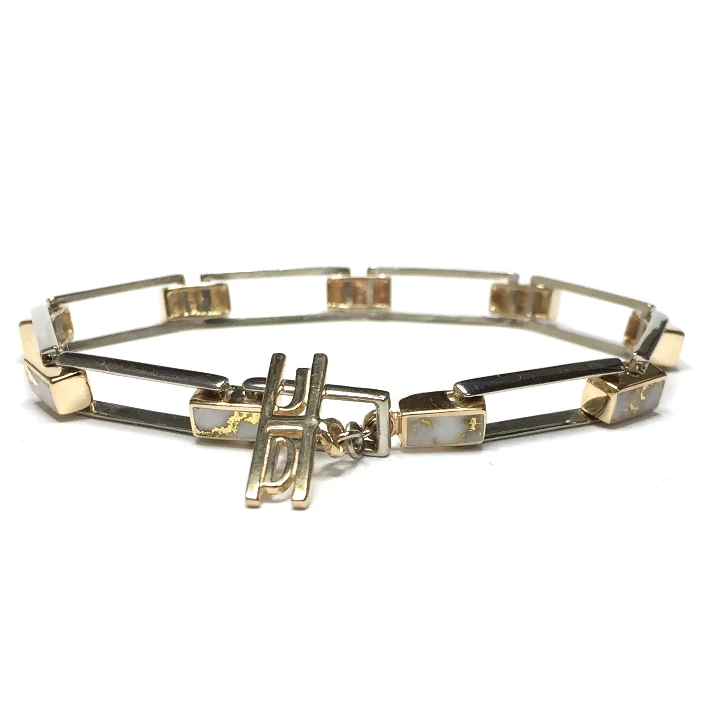 Gold Quartz Bracelet Rectangle Link Inlaid with Toggle Clasp