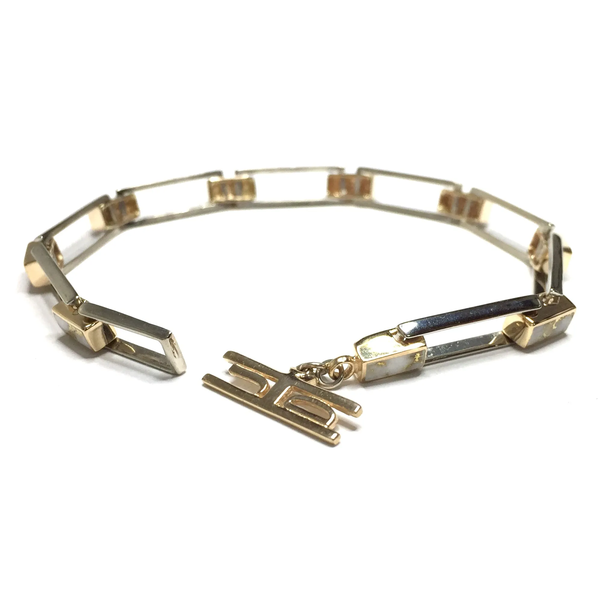 Gold Quartz Bracelet Rectangle Link Inlaid with Toggle Clasp