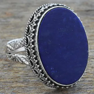 Hand Made Blue Oval Lapis Lazuli Cocktail Ring India - Pool of Memories | NOVICA