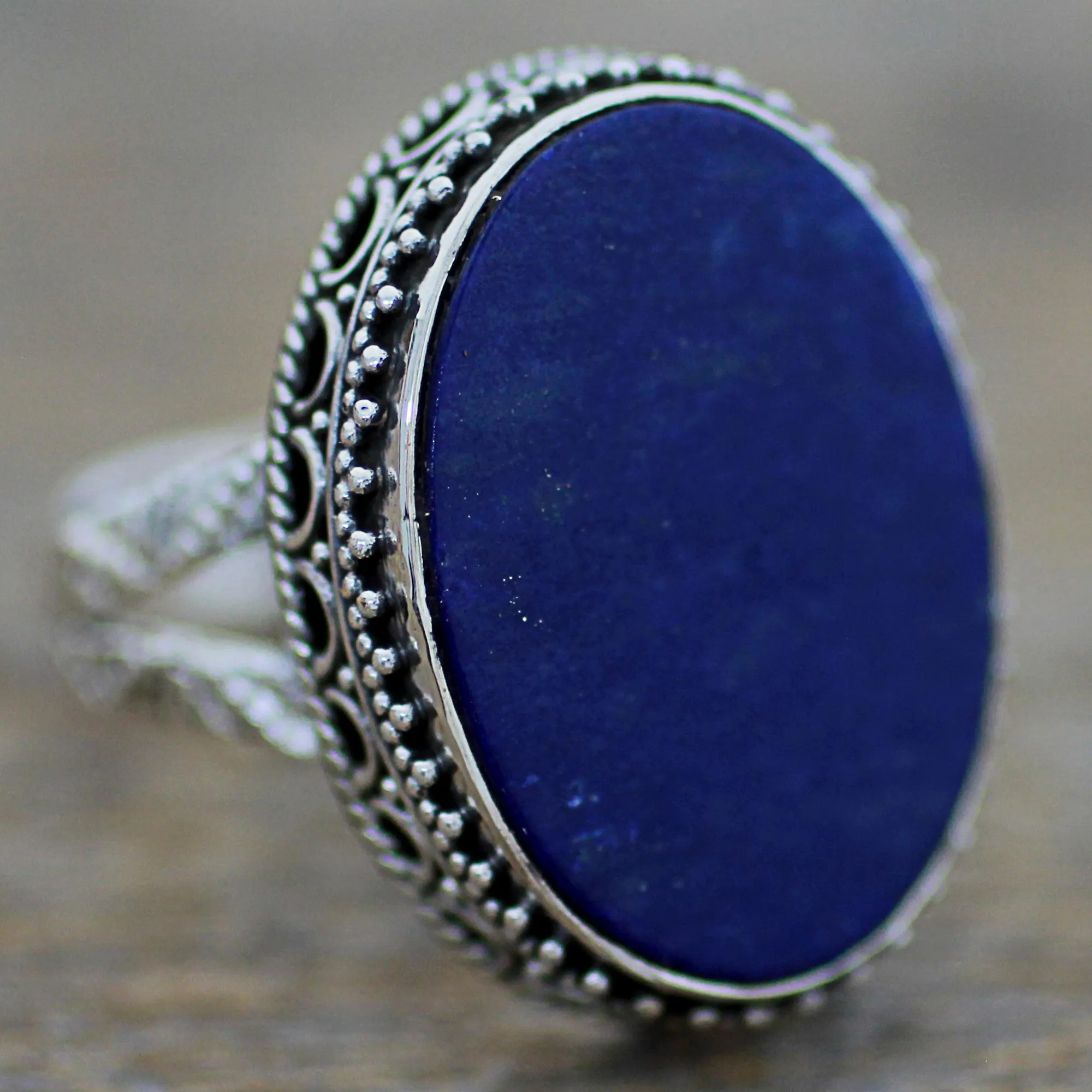 Hand Made Blue Oval Lapis Lazuli Cocktail Ring India - Pool of Memories | NOVICA