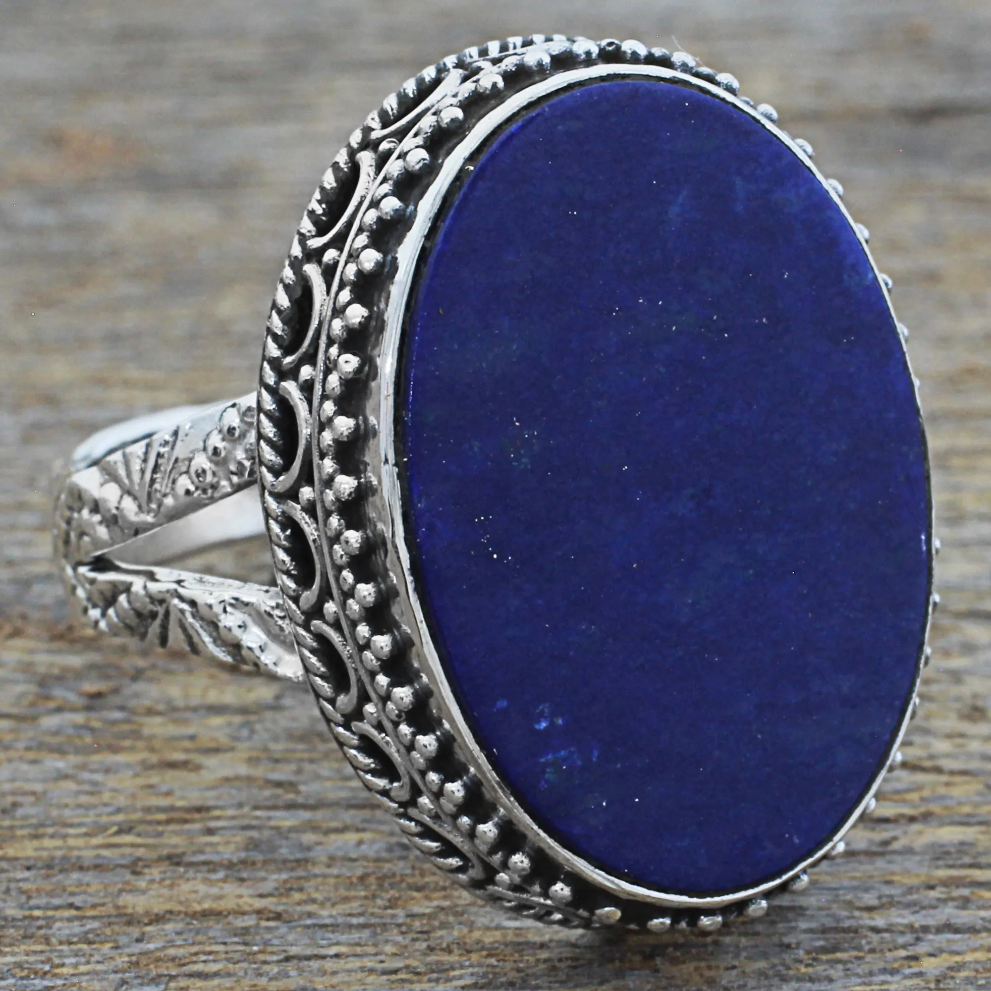 Hand Made Blue Oval Lapis Lazuli Cocktail Ring India - Pool of Memories | NOVICA