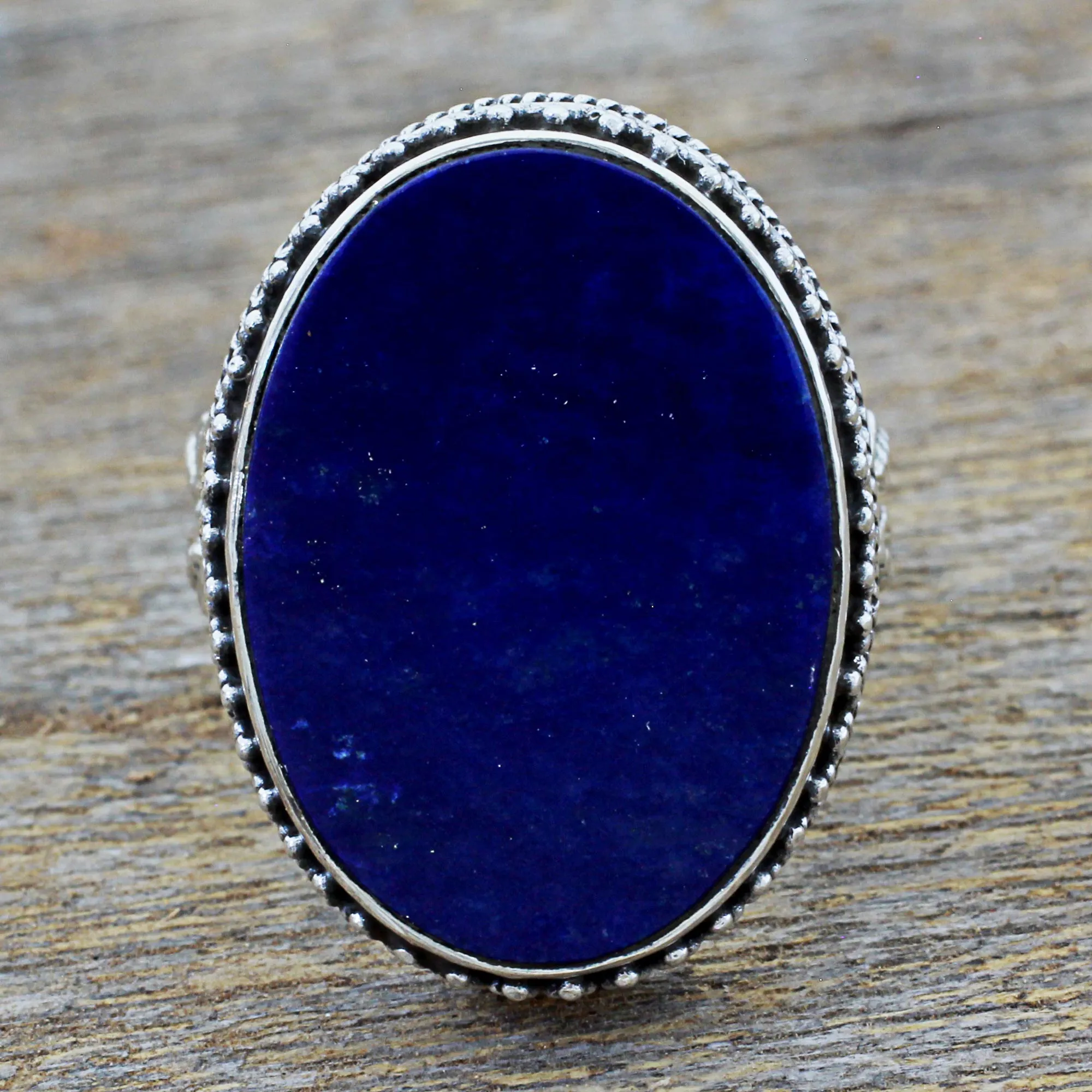 Hand Made Blue Oval Lapis Lazuli Cocktail Ring India - Pool of Memories | NOVICA