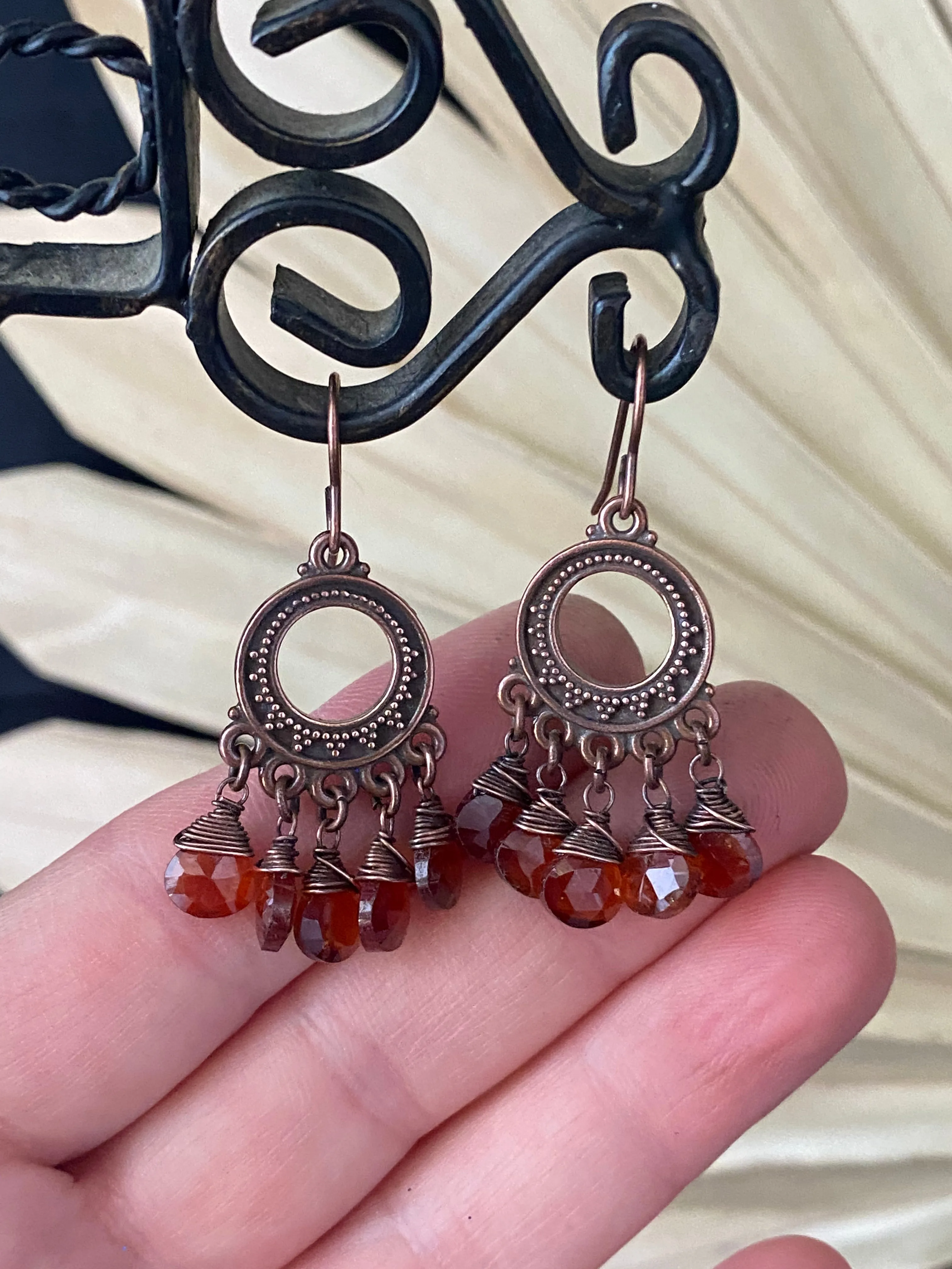 hessonite garnet briolette stone, copper metal, dangle, earrings, jewelry.